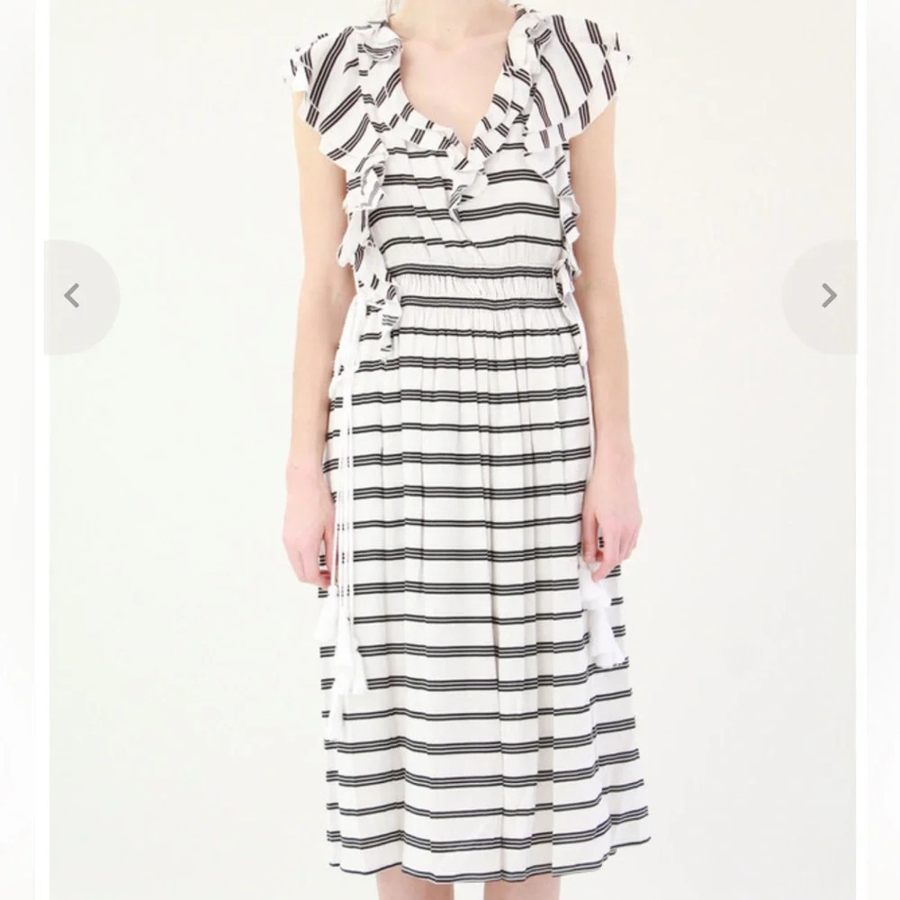 Apiece Apart San Rafael Midi Ruffle Dress Triple‎ Stripe Cinched Waist Tassel